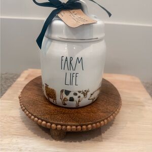Rae Dunn Farm Life Ceramic Jar with Beaded Wood Riser